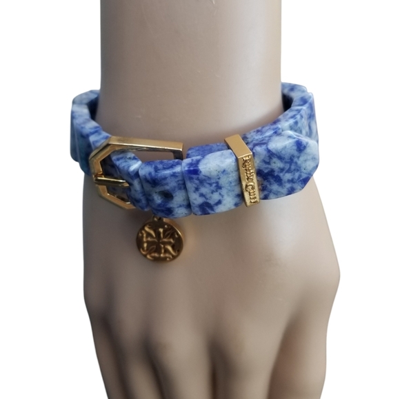 RUSTIC CUFF CHARAY GOLD SODALITE STONE BELT STYLE STRETCH BRACELET WITH BOX NWOT - Picture 2 of 8